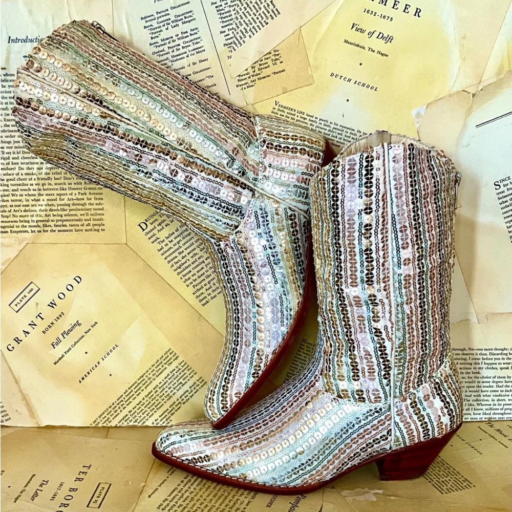 Free People MOMO Luna Sequin Boots Ivory Gold Silver Cowboy Back Zipper - Picture 2 of 12